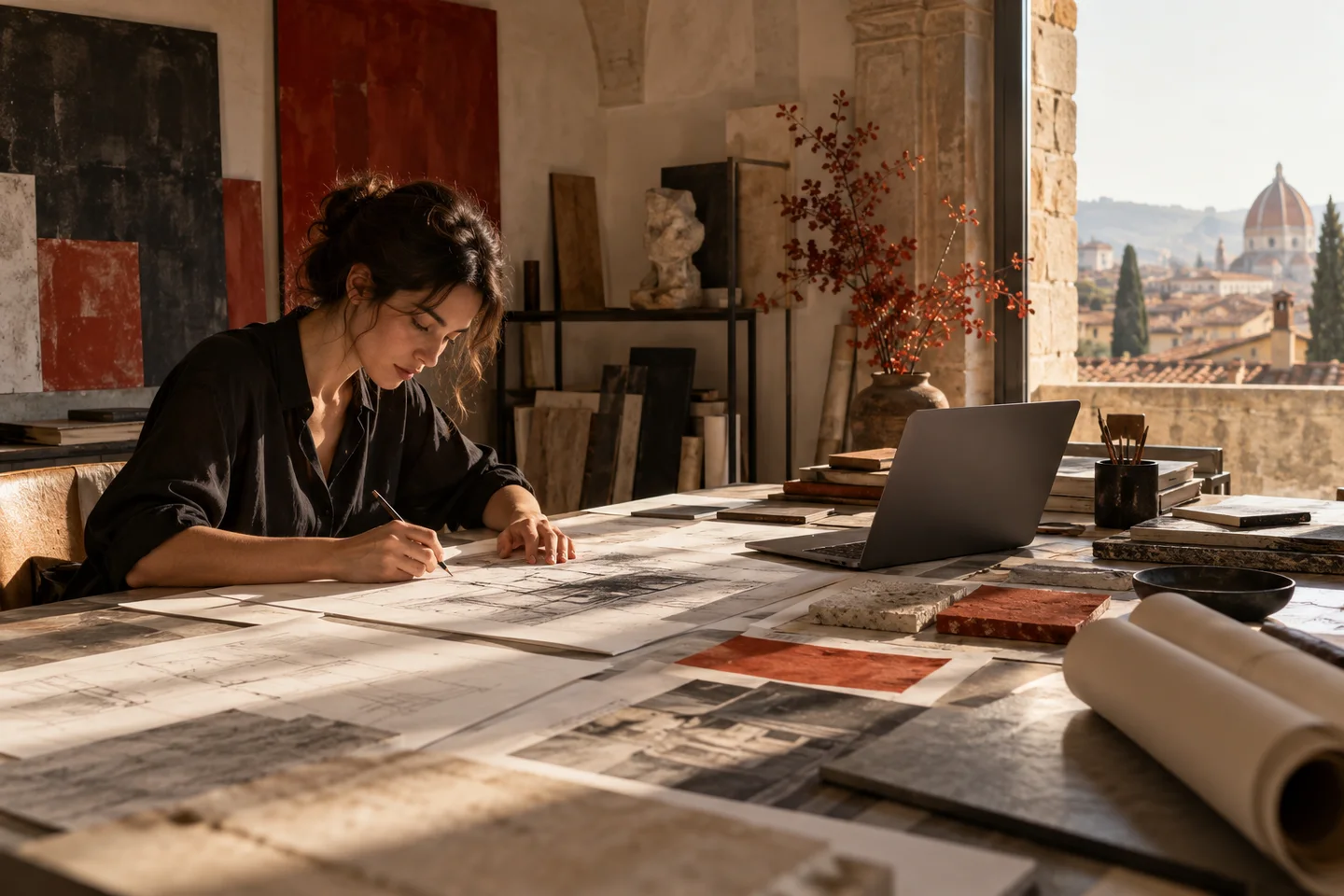 Professionista ordina le prove di un portfolio su un grande tavolo di lavoro