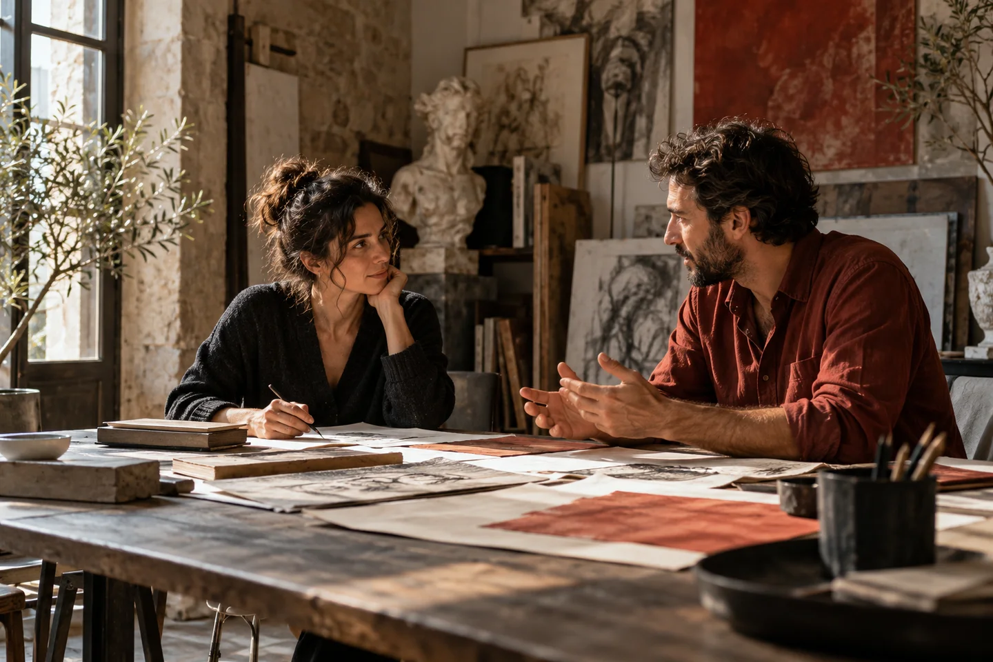Due adulti discutono un portfolio durante una conversazione professionale simulata