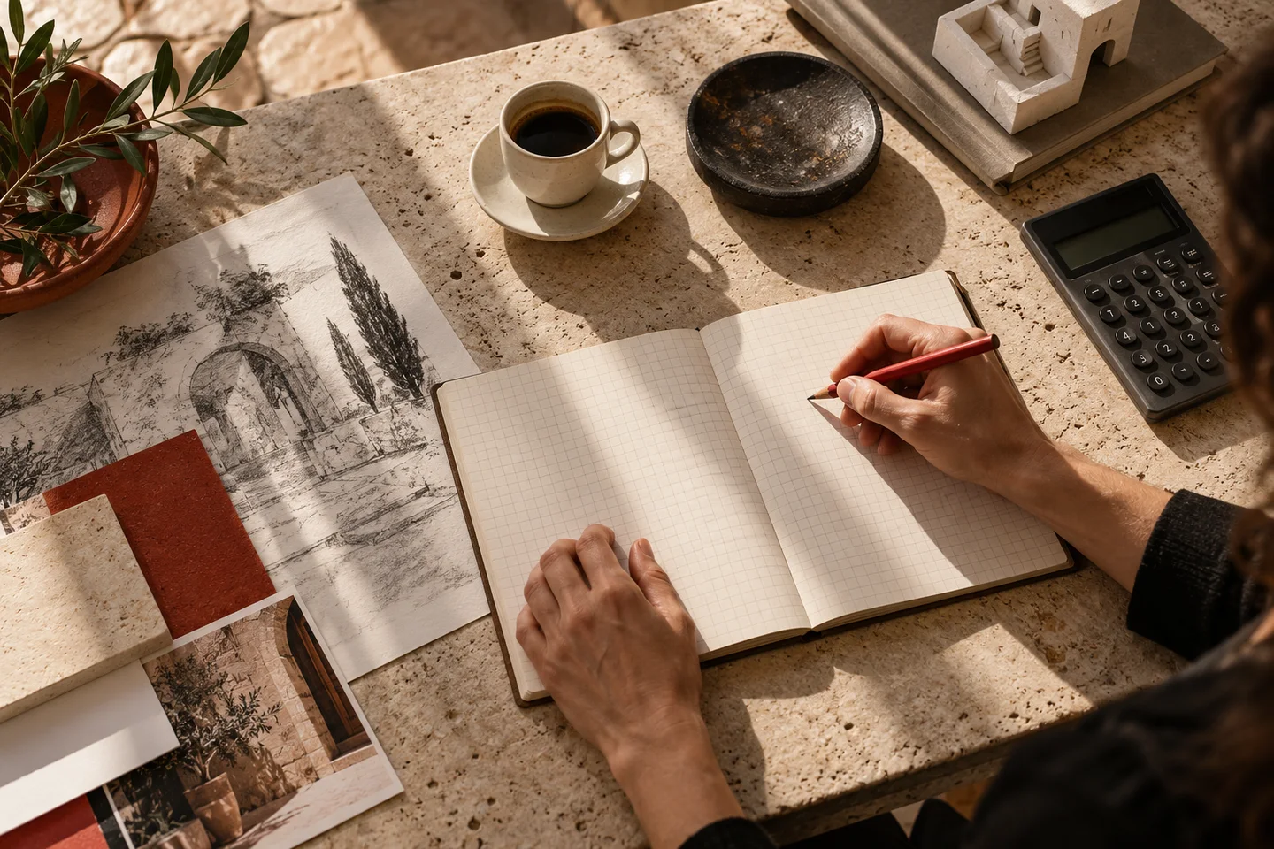 Quaderno a griglia, matita e calcolatrice su un piano di lavoro
