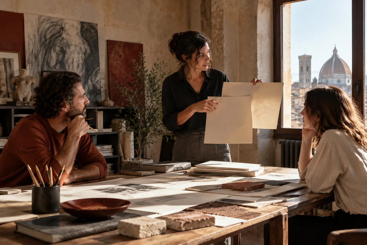 Una professionista presenta materiali a due colleghi per ricevere osservazioni