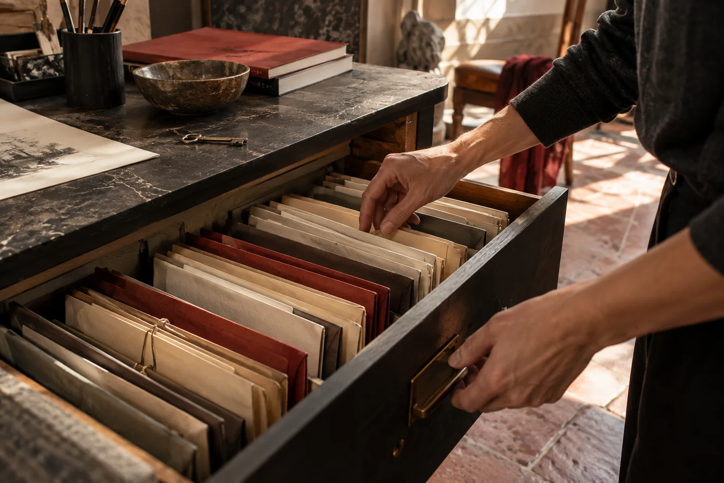 Cartelle anonime e chiave di sicurezza conservate in un cassetto